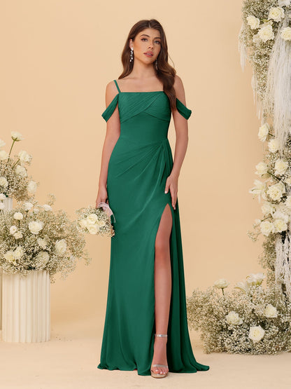Robes de Demoiselle d'Honneur Longues à Bretelles Spaghetti, Décolleté Épaule Nue, Style Fourreau/Colonne, Plissées, avec Fente Latérale