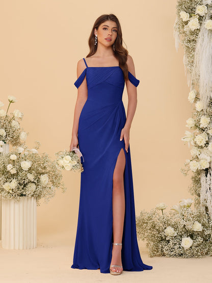 Robes de Demoiselle d'Honneur Longues à Bretelles Spaghetti, Décolleté Épaule Nue, Style Fourreau/Colonne, Plissées, avec Fente Latérale