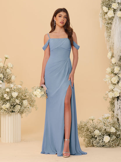 Robes de Demoiselle d'Honneur Longues à Bretelles Spaghetti, Décolleté Épaule Nue, Style Fourreau/Colonne, Plissées, avec Fente Latérale