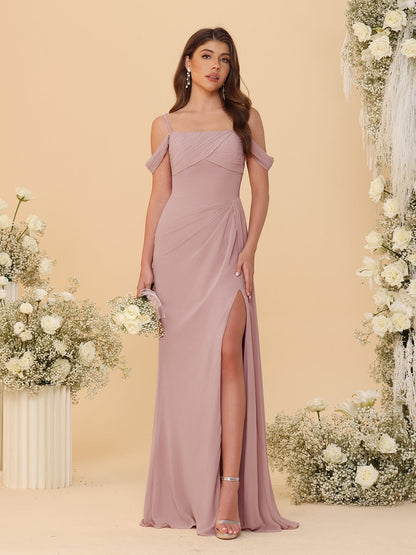 Robes de Demoiselle d'Honneur Longues à Bretelles Spaghetti, Décolleté Épaule Nue, Style Fourreau/Colonne, Plissées, avec Fente Latérale