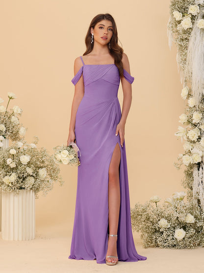 Robes de Demoiselle d'Honneur Longues à Bretelles Spaghetti, Décolleté Épaule Nue, Style Fourreau/Colonne, Plissées, avec Fente Latérale
