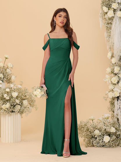 Robes de Demoiselle d'Honneur Longues à Bretelles Spaghetti, Décolleté Épaule Nue, Style Fourreau/Colonne, Plissées, avec Fente Latérale