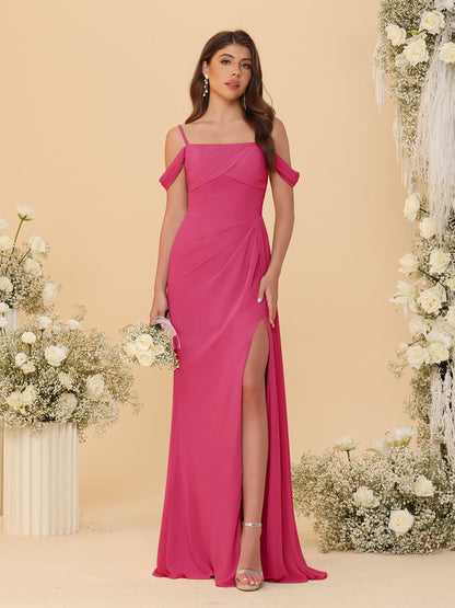 Robes de Demoiselle d'Honneur Longues à Bretelles Spaghetti, Décolleté Épaule Nue, Style Fourreau/Colonne, Plissées, avec Fente Latérale