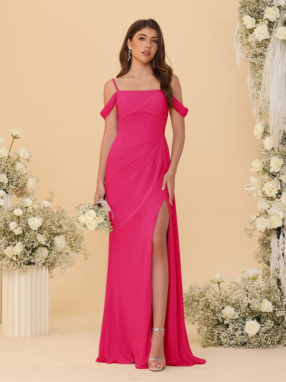 Robes de Demoiselle d'Honneur Longues à Bretelles Spaghetti, Décolleté Épaule Nue, Style Fourreau/Colonne, Plissées, avec Fente Latérale