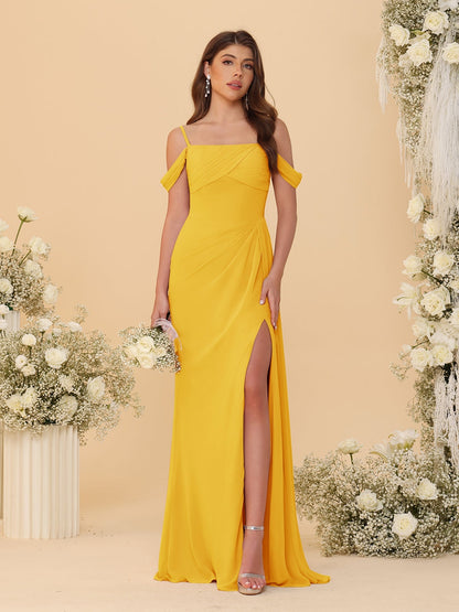Robes de Demoiselle d'Honneur Longues à Bretelles Spaghetti, Décolleté Épaule Nue, Style Fourreau/Colonne, Plissées, avec Fente Latérale