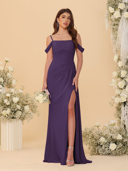 Robes de Demoiselle d'Honneur Longues à Bretelles Spaghetti, Décolleté Épaule Nue, Style Fourreau/Colonne, Plissées, avec Fente Latérale