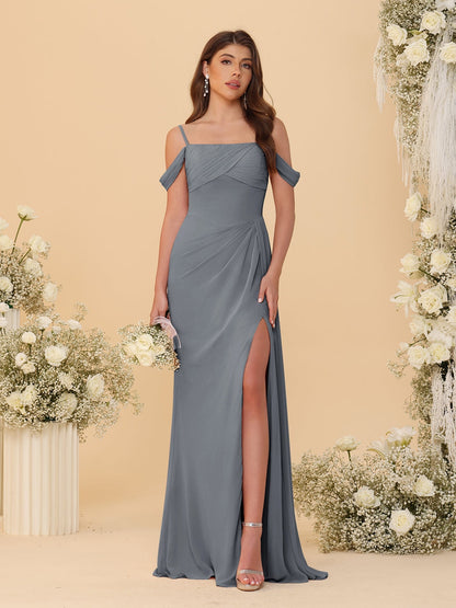 Robes de Demoiselle d'Honneur Longues à Bretelles Spaghetti, Décolleté Épaule Nue, Style Fourreau/Colonne, Plissées, avec Fente Latérale