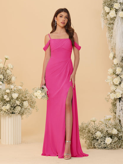 Robes de Demoiselle d'Honneur Longues à Bretelles Spaghetti, Décolleté Épaule Nue, Style Fourreau/Colonne, Plissées, avec Fente Latérale