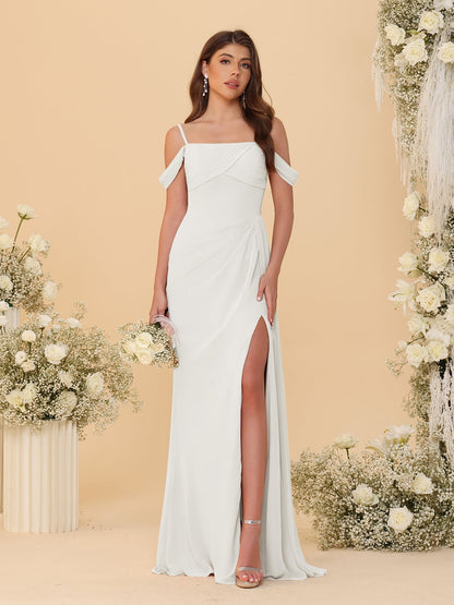 Robes de Demoiselle d'Honneur Longues à Bretelles Spaghetti, Décolleté Épaule Nue, Style Fourreau/Colonne, Plissées, avec Fente Latérale