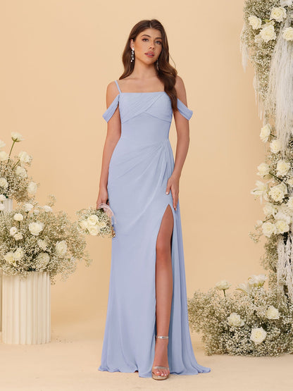 Robes de Demoiselle d'Honneur Longues à Bretelles Spaghetti, Décolleté Épaule Nue, Style Fourreau/Colonne, Plissées, avec Fente Latérale