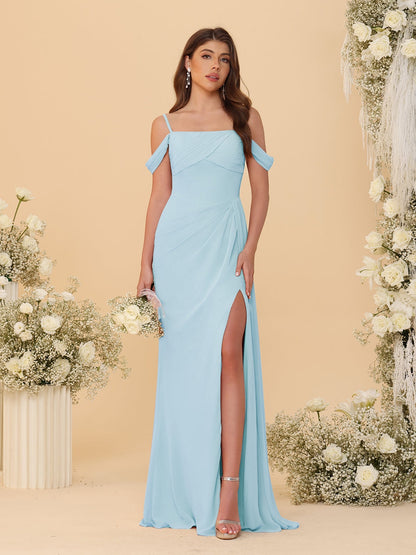 Robes de Demoiselle d'Honneur Longues à Bretelles Spaghetti, Décolleté Épaule Nue, Style Fourreau/Colonne, Plissées, avec Fente Latérale