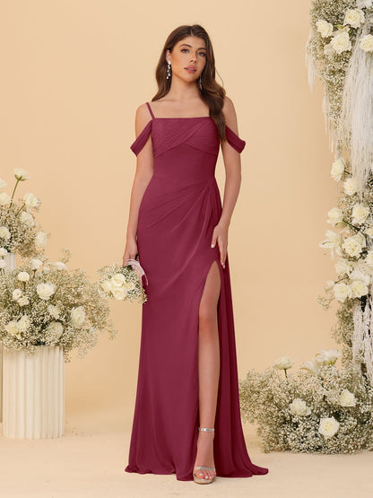 Robes de Demoiselle d'Honneur Longues à Bretelles Spaghetti, Décolleté Épaule Nue, Style Fourreau/Colonne, Plissées, avec Fente Latérale