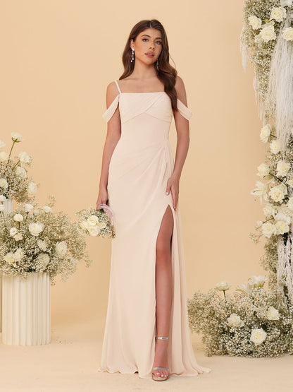Robes de Demoiselle d'Honneur Longues à Bretelles Spaghetti, Décolleté Épaule Nue, Style Fourreau/Colonne, Plissées, avec Fente Latérale