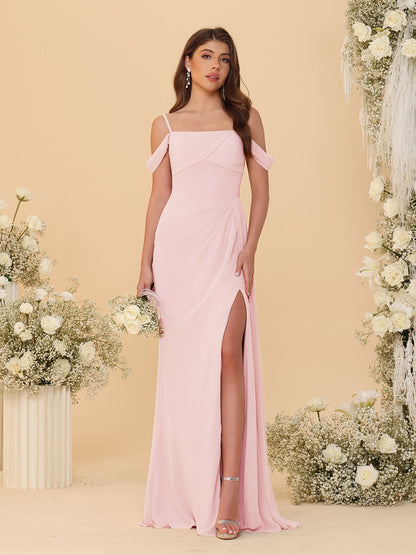 Robes de Demoiselle d'Honneur Longues à Bretelles Spaghetti, Décolleté Épaule Nue, Style Fourreau/Colonne, Plissées, avec Fente Latérale