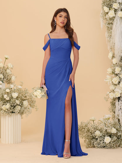 Robes de Demoiselle d'Honneur Longues à Bretelles Spaghetti, Décolleté Épaule Nue, Style Fourreau/Colonne, Plissées, avec Fente Latérale