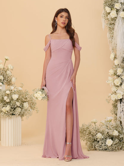 Robes de Demoiselle d'Honneur Longues à Bretelles Spaghetti, Décolleté Épaule Nue, Style Fourreau/Colonne, Plissées, avec Fente Latérale