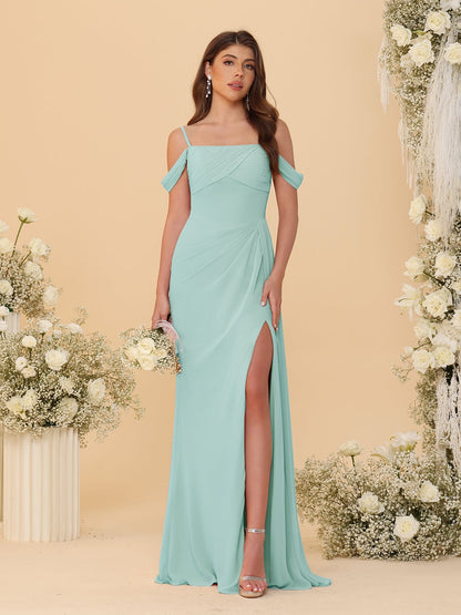 Robes de Demoiselle d'Honneur Longues à Bretelles Spaghetti, Décolleté Épaule Nue, Style Fourreau/Colonne, Plissées, avec Fente Latérale