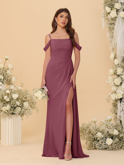 Robes de Demoiselle d'Honneur Longues à Bretelles Spaghetti, Décolleté Épaule Nue, Style Fourreau/Colonne, Plissées, avec Fente Latérale