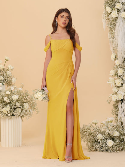 Robes de Demoiselle d'Honneur Longues à Bretelles Spaghetti, Décolleté Épaule Nue, Style Fourreau/Colonne, Plissées, avec Fente Latérale