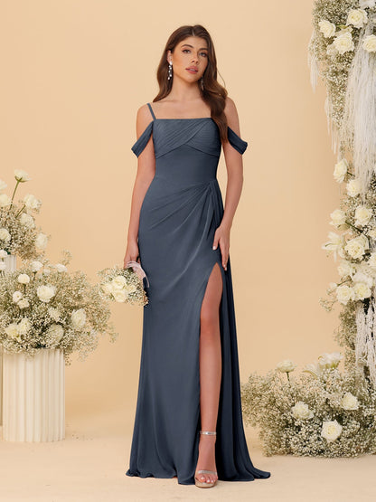 Robes de Demoiselle d'Honneur Longues à Bretelles Spaghetti, Décolleté Épaule Nue, Style Fourreau/Colonne, Plissées, avec Fente Latérale