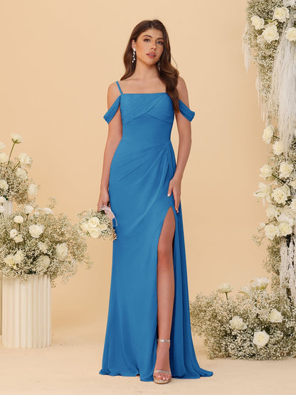 Robes de Demoiselle d'Honneur Longues à Bretelles Spaghetti, Décolleté Épaule Nue, Style Fourreau/Colonne, Plissées, avec Fente Latérale