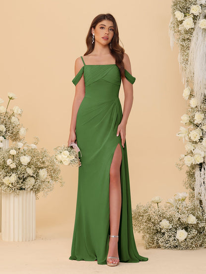 Robes de Demoiselle d'Honneur Longues à Bretelles Spaghetti, Décolleté Épaule Nue, Style Fourreau/Colonne, Plissées, avec Fente Latérale