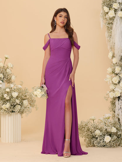 Robes de Demoiselle d'Honneur Longues à Bretelles Spaghetti, Décolleté Épaule Nue, Style Fourreau/Colonne, Plissées, avec Fente Latérale