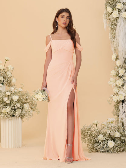 Robes de Demoiselle d'Honneur Longues à Bretelles Spaghetti, Décolleté Épaule Nue, Style Fourreau/Colonne, Plissées, avec Fente Latérale