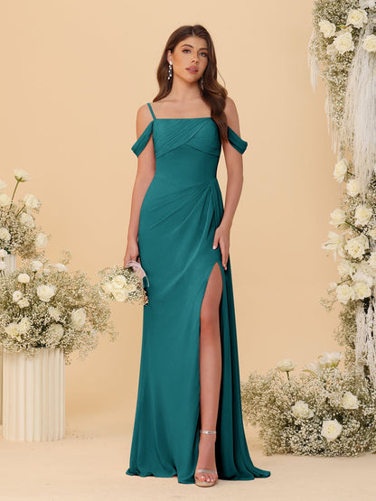 Robes de Demoiselle d'Honneur Longues à Bretelles Spaghetti, Décolleté Épaule Nue, Style Fourreau/Colonne, Plissées, avec Fente Latérale
