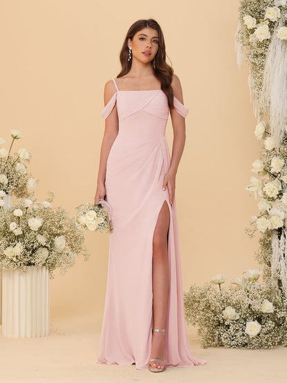 Robes de Demoiselle d'Honneur Longues à Bretelles Spaghetti, Décolleté Épaule Nue, Style Fourreau/Colonne, Plissées, avec Fente Latérale