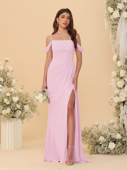 Robes de Demoiselle d'Honneur Longues à Bretelles Spaghetti, Décolleté Épaule Nue, Style Fourreau/Colonne, Plissées, avec Fente Latérale