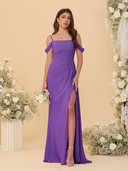 Robes de Demoiselle d'Honneur Longues à Bretelles Spaghetti, Décolleté Épaule Nue, Style Fourreau/Colonne, Plissées, avec Fente Latérale