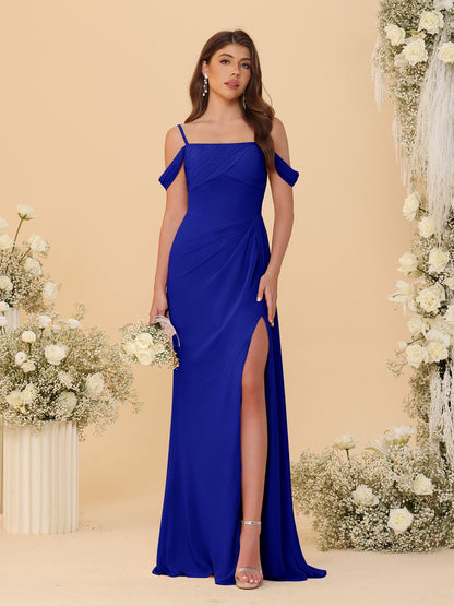 Robes de Demoiselle d'Honneur Longues à Bretelles Spaghetti, Décolleté Épaule Nue, Style Fourreau/Colonne, Plissées, avec Fente Latérale