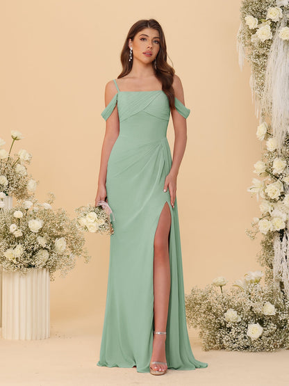 Robes de Demoiselle d'Honneur Longues à Bretelles Spaghetti, Décolleté Épaule Nue, Style Fourreau/Colonne, Plissées, avec Fente Latérale