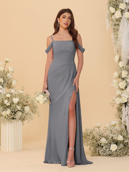 Robes de Demoiselle d'Honneur Longues à Bretelles Spaghetti, Décolleté Épaule Nue, Style Fourreau/Colonne, Plissées, avec Fente Latérale