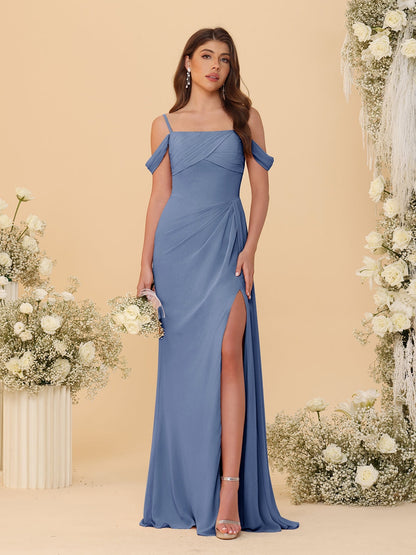 Robes de Demoiselle d'Honneur Longues à Bretelles Spaghetti, Décolleté Épaule Nue, Style Fourreau/Colonne, Plissées, avec Fente Latérale