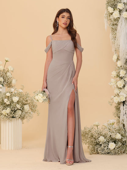 Robes de Demoiselle d'Honneur Longues à Bretelles Spaghetti, Décolleté Épaule Nue, Style Fourreau/Colonne, Plissées, avec Fente Latérale