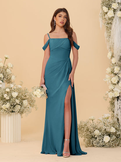 Robes de Demoiselle d'Honneur Longues à Bretelles Spaghetti, Décolleté Épaule Nue, Style Fourreau/Colonne, Plissées, avec Fente Latérale