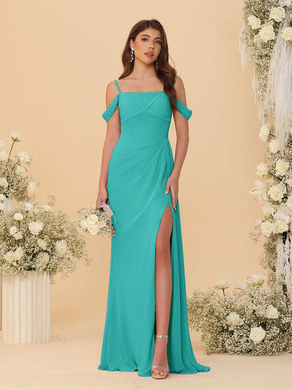 Robes de Demoiselle d'Honneur Longues à Bretelles Spaghetti, Décolleté Épaule Nue, Style Fourreau/Colonne, Plissées, avec Fente Latérale