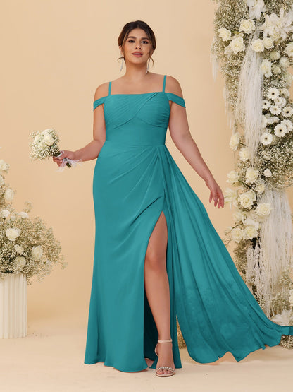 Robes de Demoiselle d'Honneur Grande Taille Fourreau/Colonne Décolleté Épaules Dénudées Bretelles Spaghetti avec Fente Latérale