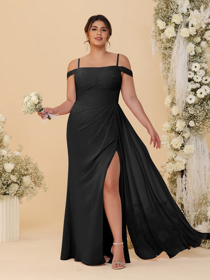 Robes de Demoiselle d'Honneur Grande Taille Fourreau/Colonne Décolleté Épaules Dénudées Bretelles Spaghetti avec Fente Latérale
