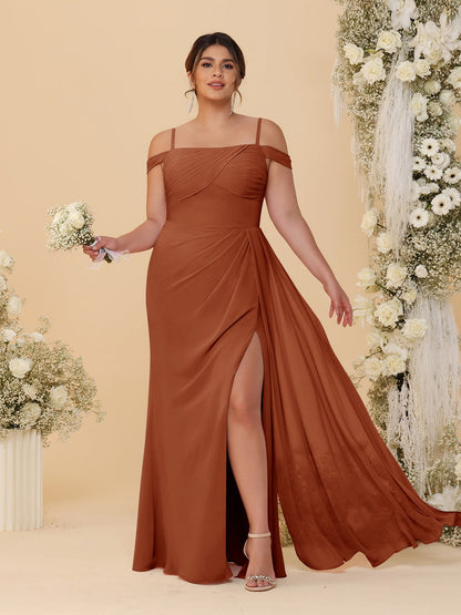 Robes de Demoiselle d'Honneur Grande Taille Fourreau/Colonne Décolleté Épaules Dénudées Bretelles Spaghetti avec Fente Latérale