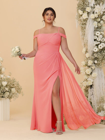 Robes de Demoiselle d'Honneur Grande Taille Fourreau/Colonne Décolleté Épaules Dénudées Bretelles Spaghetti avec Fente Latérale