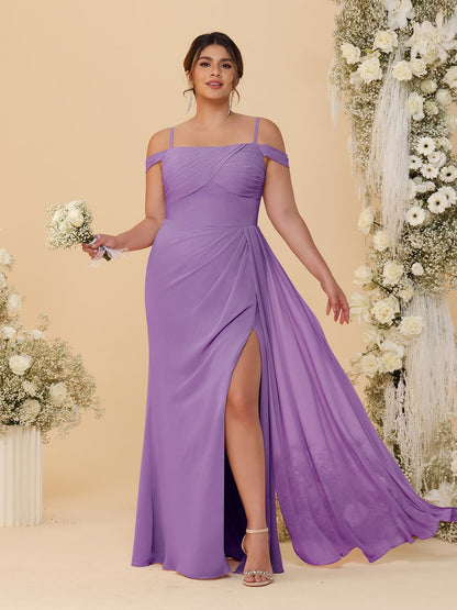 Robes de Demoiselle d'Honneur Grande Taille Fourreau/Colonne Décolleté Épaules Dénudées Bretelles Spaghetti avec Fente Latérale