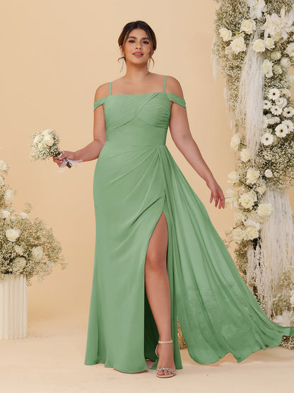 Robes de Demoiselle d'Honneur Grande Taille Fourreau/Colonne Décolleté Épaules Dénudées Bretelles Spaghetti avec Fente Latérale