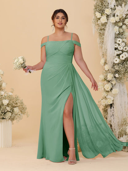 Robes de Demoiselle d'Honneur Grande Taille Fourreau/Colonne Décolleté Épaules Dénudées Bretelles Spaghetti avec Fente Latérale