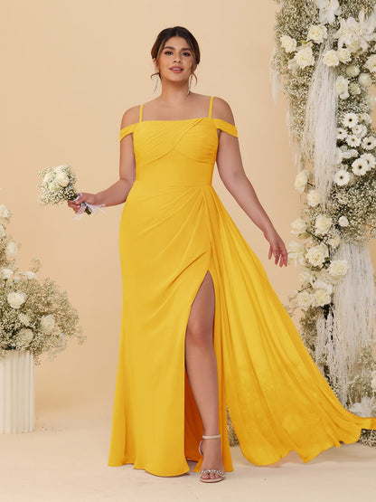 Robes de Demoiselle d'Honneur Grande Taille Fourreau/Colonne Décolleté Épaules Dénudées Bretelles Spaghetti avec Fente Latérale