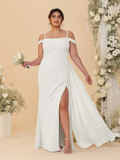 Robes de Demoiselle d'Honneur Grande Taille Fourreau/Colonne Décolleté Épaules Dénudées Bretelles Spaghetti avec Fente Latérale