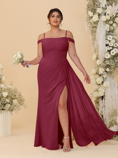 Robes de Demoiselle d'Honneur Grande Taille Fourreau/Colonne Décolleté Épaules Dénudées Bretelles Spaghetti avec Fente Latérale