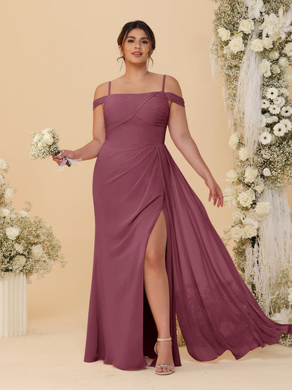 Robes de Demoiselle d'Honneur Grande Taille Fourreau/Colonne Décolleté Épaules Dénudées Bretelles Spaghetti avec Fente Latérale